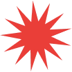 A bright red starburst graphic with numerous sharp points.